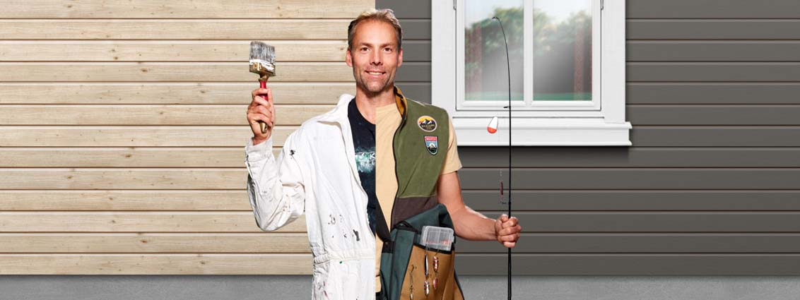 Male eller fiske? På bildet er det lagt på Heftig-logo og tre ikoner som beskriver kledningens egenskaper: perfekt resultat, trygt og enkelt.