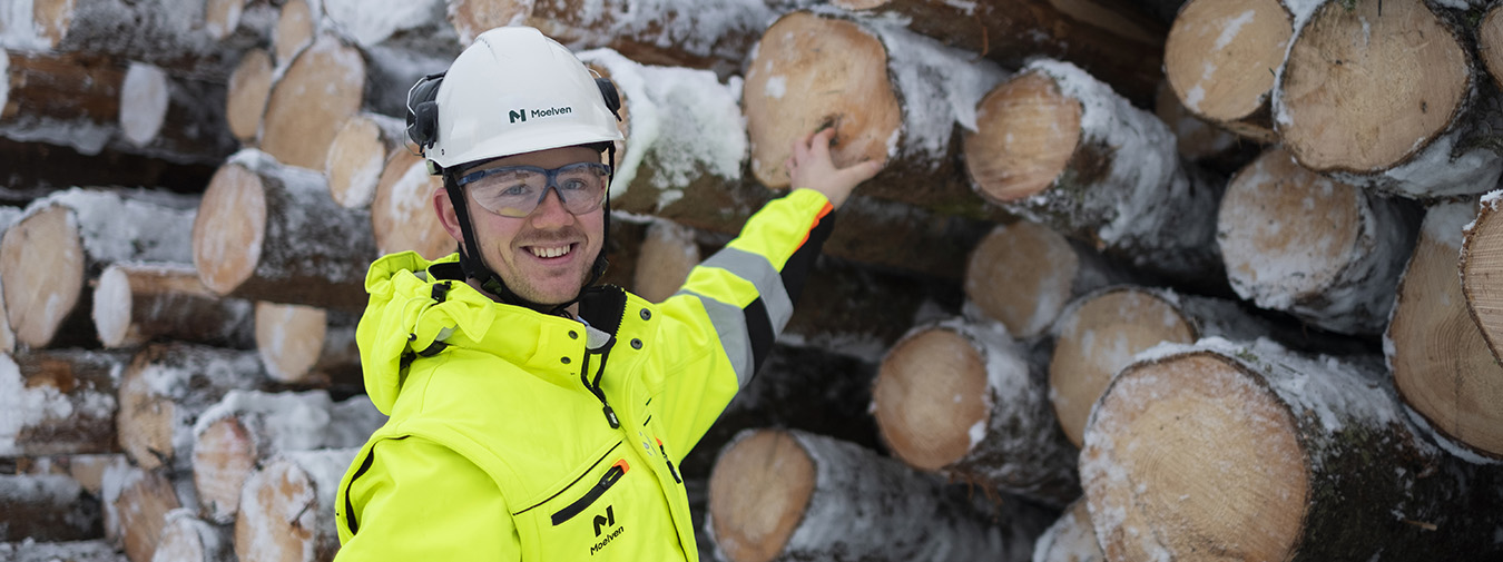 Medarbetar med hjälm och timmer