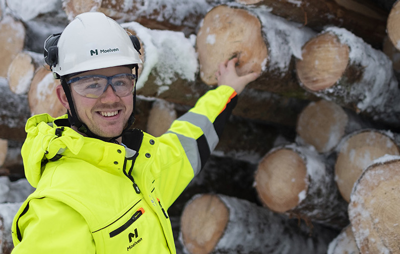 Medarbetar med hjälm och timmer