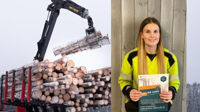HMS-hjälten Petra Magnusson i gul tröja håller upp ett diplom