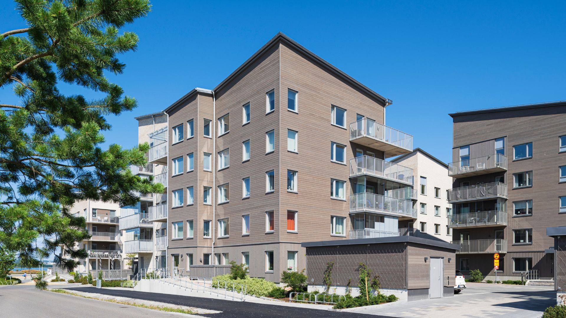 Byggnader i ljusgrå träfasad med ett träd framför