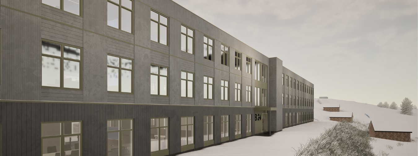 Illustrasjon av treetasjes bygg i vinterlandskap