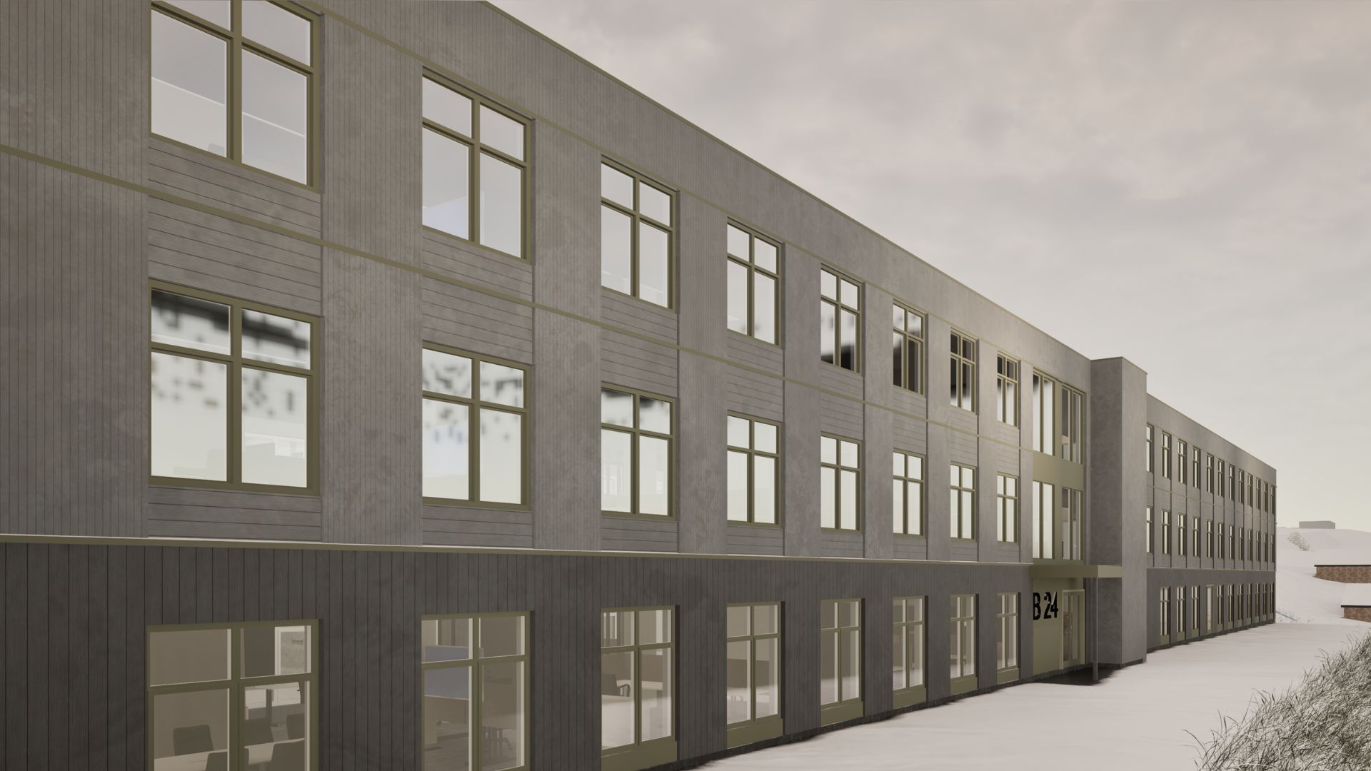 3D-illustrasjon av treetasjes bygg i vinterlandskap.