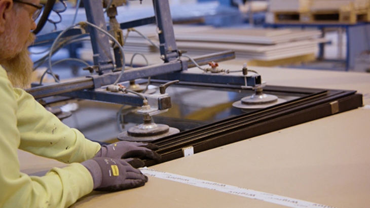 Verksmiðjuverkamaður og vélmenni sem setja glugga í veggeiningu.