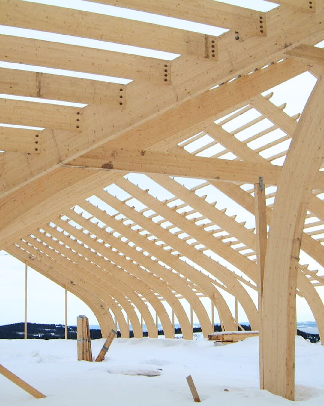 Billeder af limtræ i forskellige konstruktioner