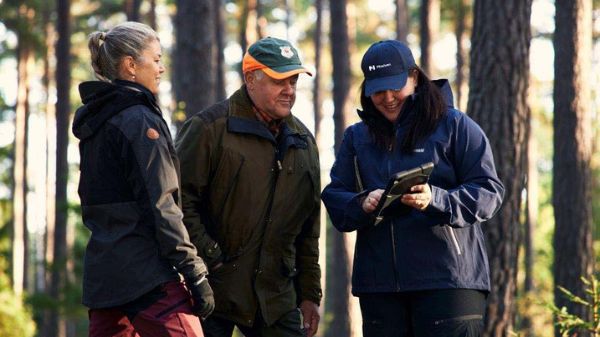 3 personer i skog, moelven skog