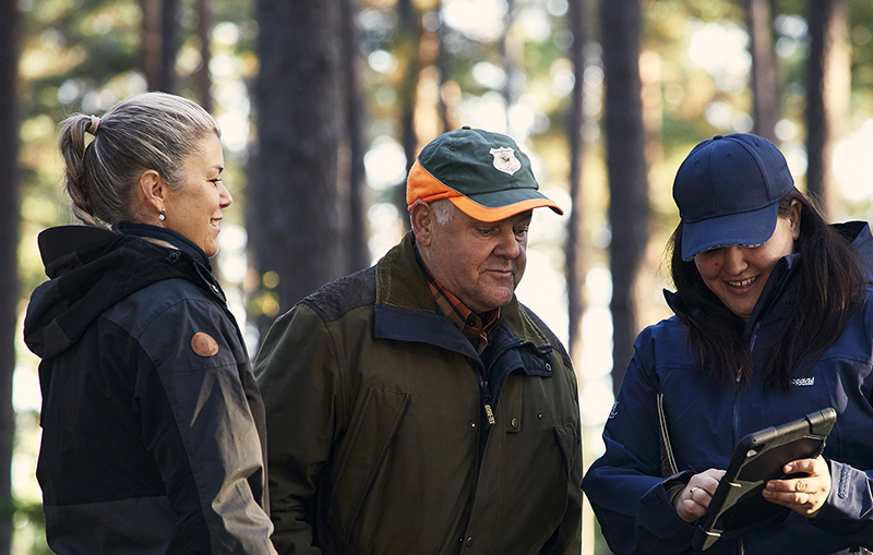 Virkesköpare tillsamans med skogsägare i skogen