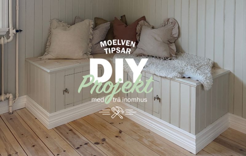 Kökssoffa i vinkel byggd med pärlspont samt texten Moelven tipsar DIY