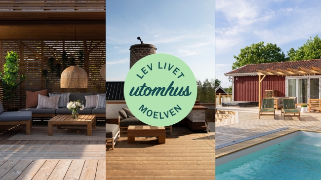 Tre olika varianter av altan och uteplatser, med tre olika träslag