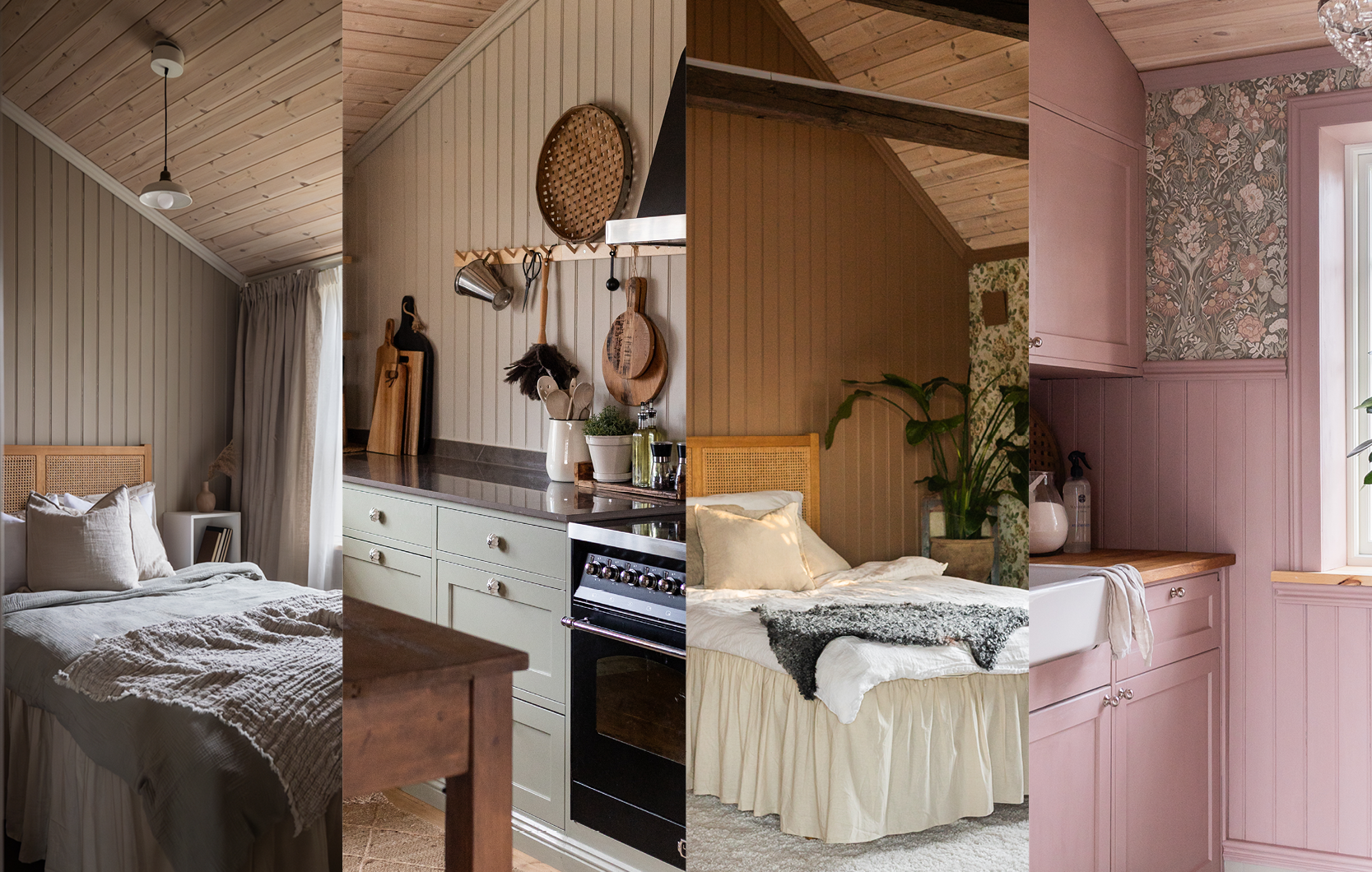 Interiör med flera rum med träpanel på väggar och tak, inklusive sovrum och kök med ljusa färger.