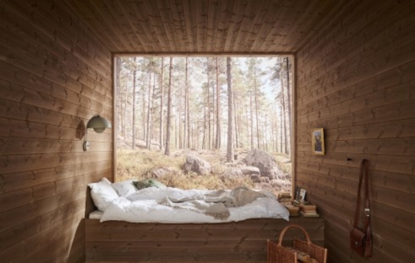 Rum med en säng framför ett stort fönster mot en tallskog och väggar och tak är klädda med träpanelen Stilla Skogsbrun