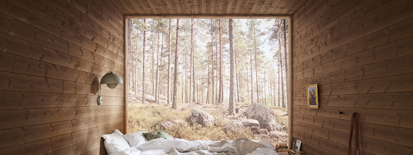 Träpanelen Stilla Skogsbrun sitter på väggarna och i taket. Rakt fram ett stort fönster med utsikt mot en tallskog. Fönstret täcker hela väggen.