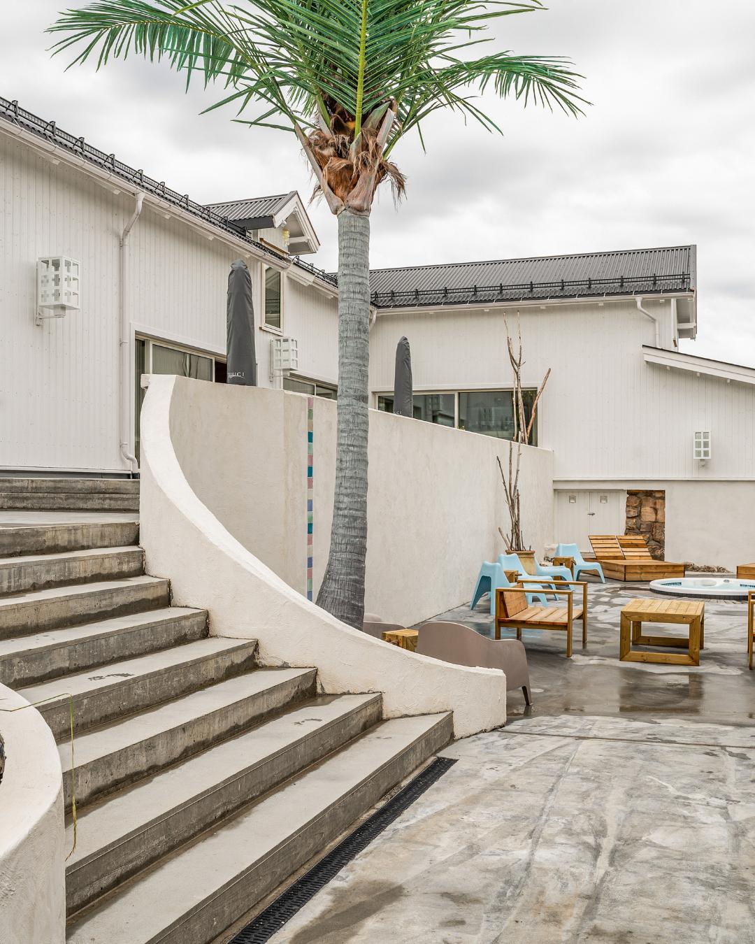 Uteplass ved Villa Oslofjord med palmer, betonggulv, lyserosa utemøbler og en fargerik flisdetalj på en hvit vegg kledd med Sveitserkledning.
