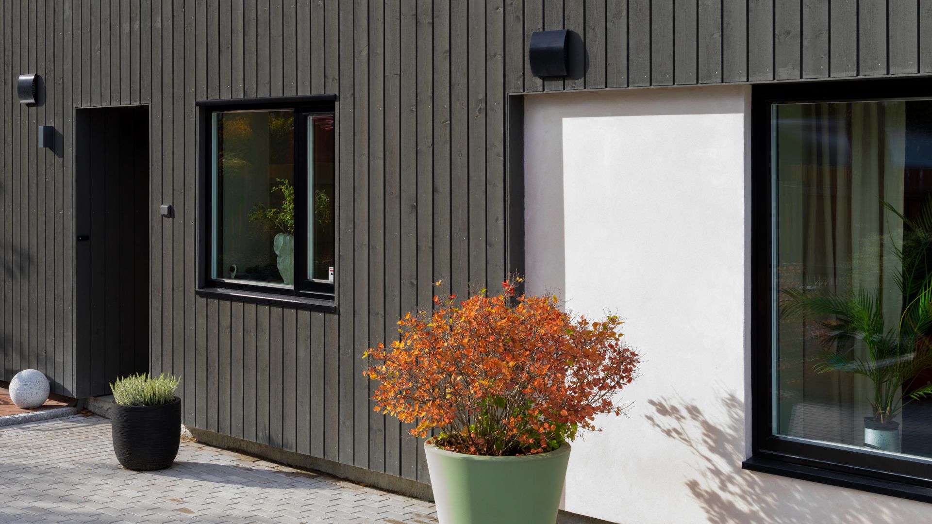 Moderne husfasade kledd med Heftig Pro i fargen Labrador, kombinert med hvit murpusset nisje og svarte vinduer. To potteplanter i forgrunnen med høstfarger.