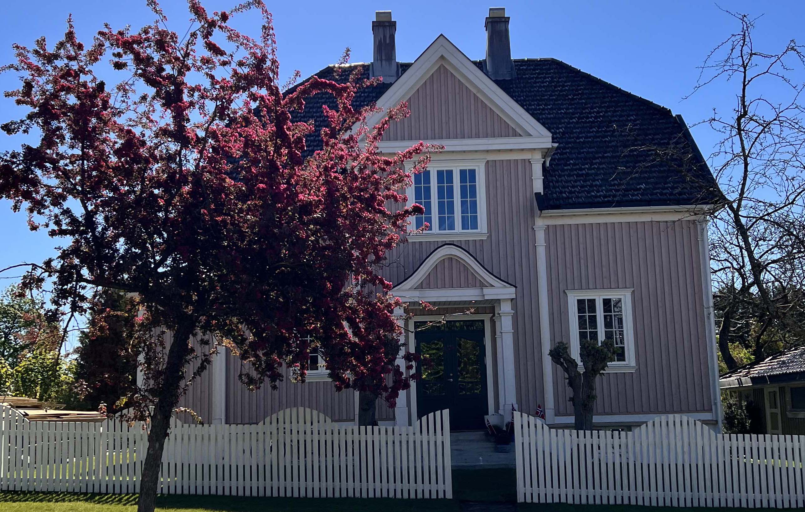 Et  hus kledd i ferdigmalt rosa kledning, hvitt stakittgjerde med blomstrende frukttre forann