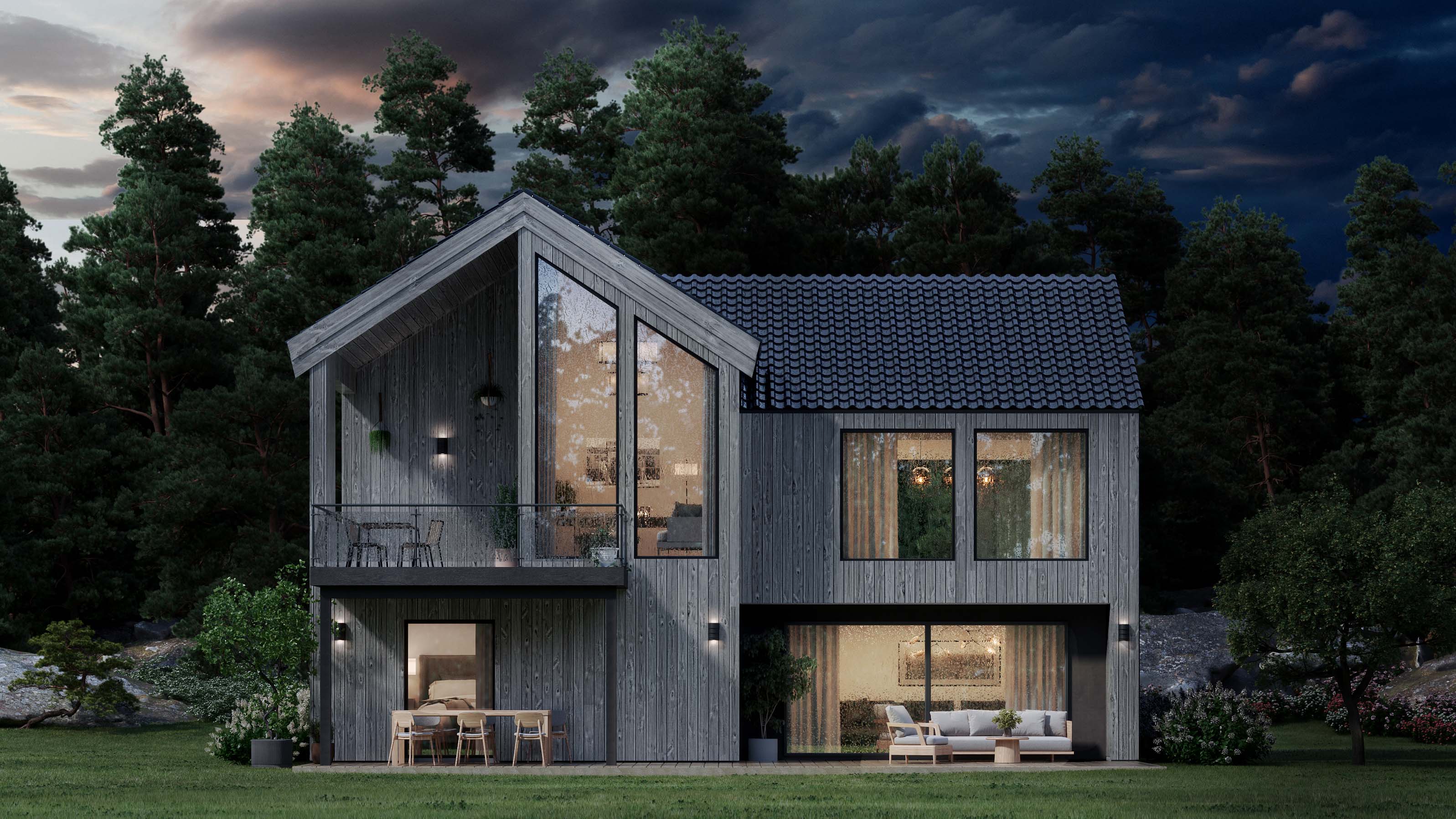 Hus kledd med Moelven Værbitt i fargen Herja