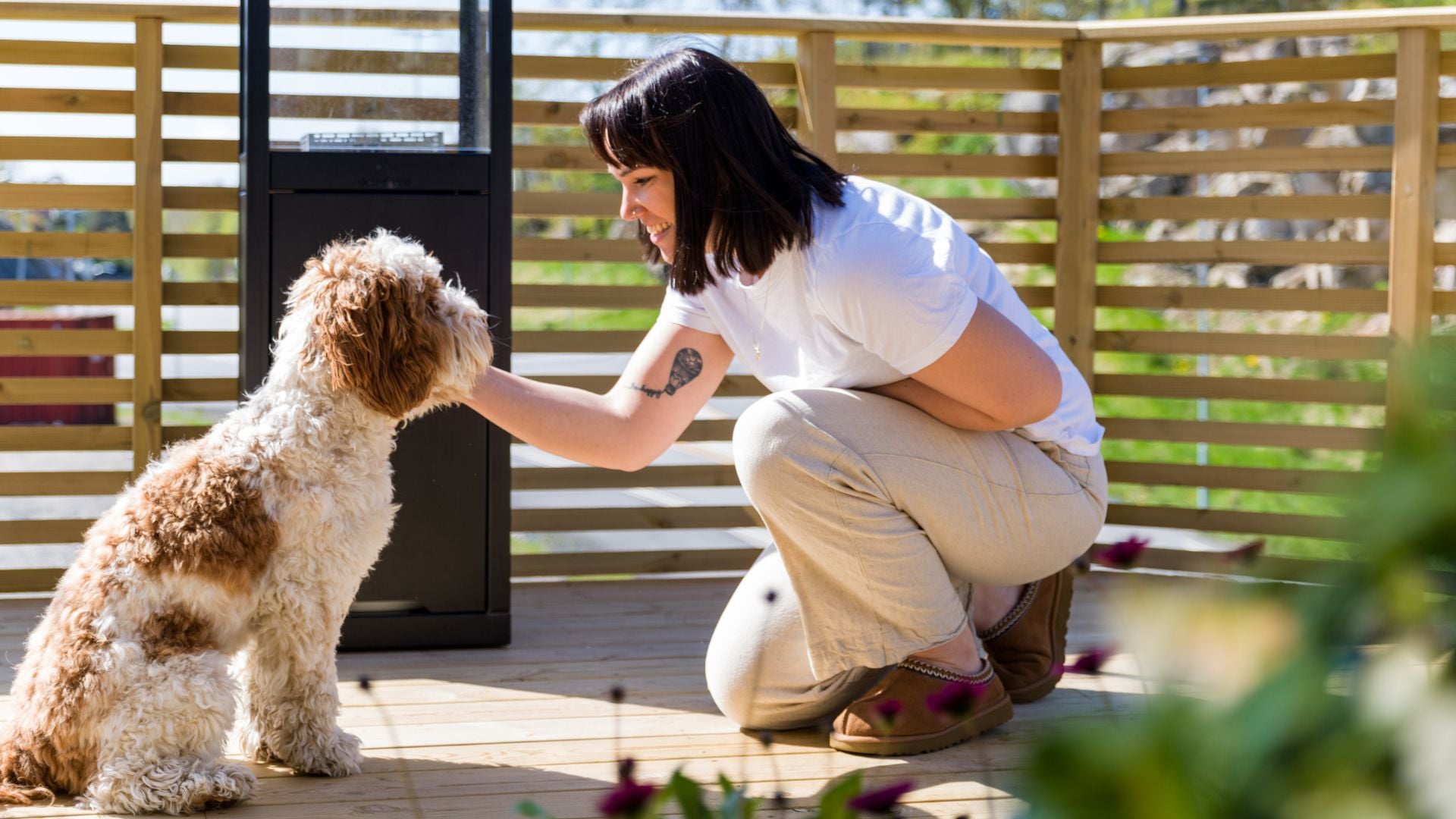 Person sitter på huk på terrasse og klapper en hund, med tredekke og levegg i bakgrunnen.